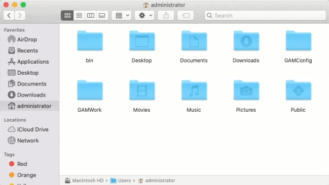 Create a GAMWork and GAMConfig directory in the macOS finder